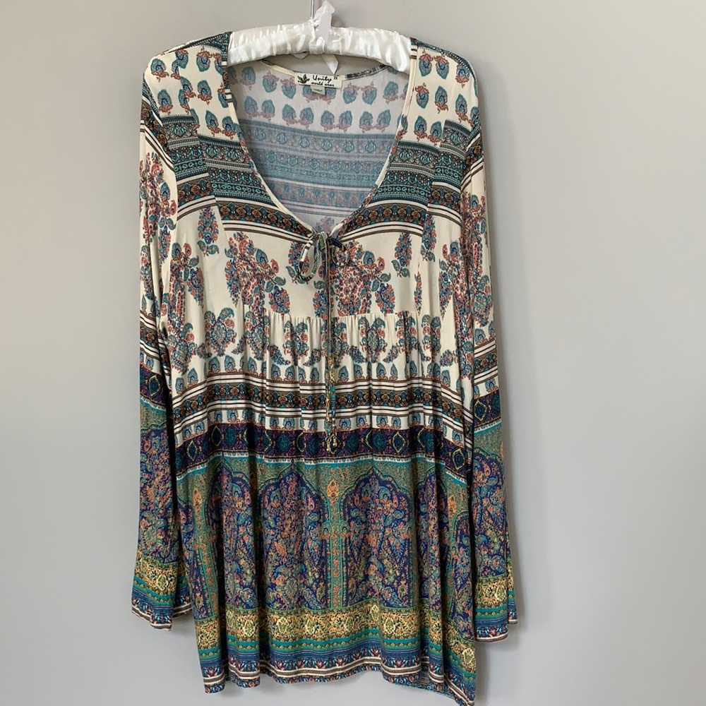 Unity World Wear bohemian tunic stretchy flowy long sleeve tie front size 2X